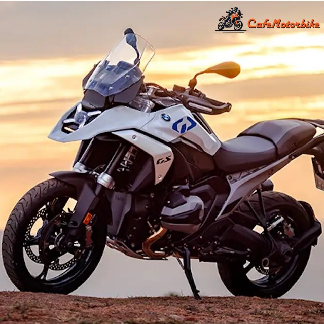 Rent a motorcycle Tenerife from Cafemotorbike. New white BMW 1300 GS with sunset background